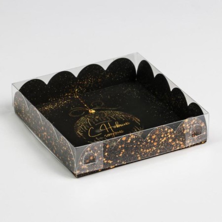 Box for confectionery products with PVC Gold lid, 13 x 13 x 3 cm, New Year