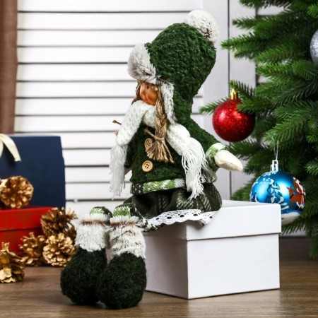 Interior doll "Girl with pigtails in a green coat and green hat" 36x8x13 cm-3