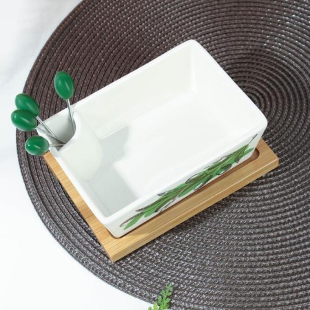 Ceramics dish on a wooden stand “Oliva”, 15.5 x 11.3 cm, white color-1