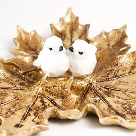 Souvenir Polystone stand "Two white birds on maple leaves" Gold 28.3x28.3x9 cm-4