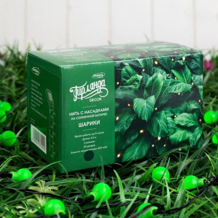 Garland “thread” 4.5 m with nozzles “balls”, IP44, dark thread, 30 LED, green glow, 2 modes, solar battery-7