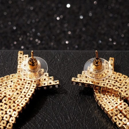 Hanging earrings with rhinestones "Waterfall" bow, white color in gold, 10 cm-2