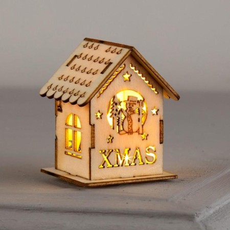 Christmas tree toy "House with a snowman", from batteries, a glow of warm white