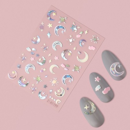 Nail stickers "Moon and stars", voluminous, multi -colored/holographic