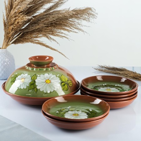 Set for pancakes 7 items: 1 pc. Pancake, 6 pcs. plates, with painting, chamomile-1