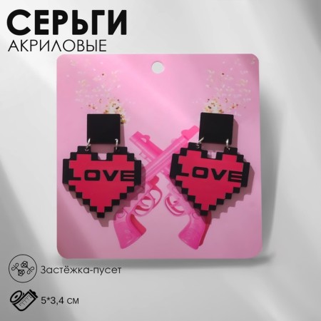 Acrylic Earrings One Love, black pink color in silver