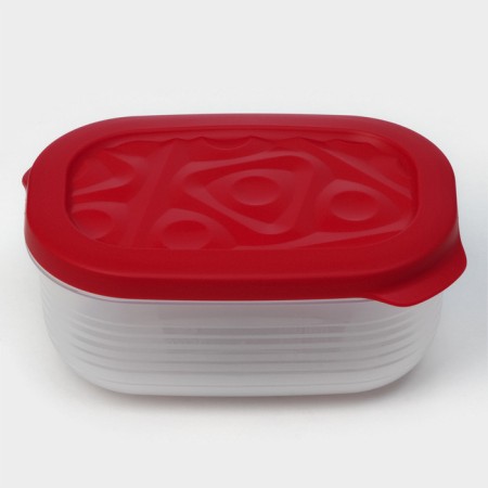 The container is plastic with the lid Flexo, 0.65 l, the color is red-8