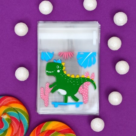 BOPP package with sticky tape, "dinosaur", 7*7+3cm-5