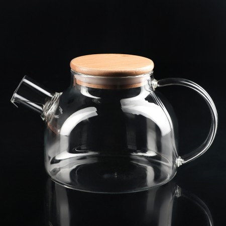 Tea kit on an eco wooden stand, 7 items: glass kettle with a sieve 900 ml, mugs 6 pcs, 100 ml-2