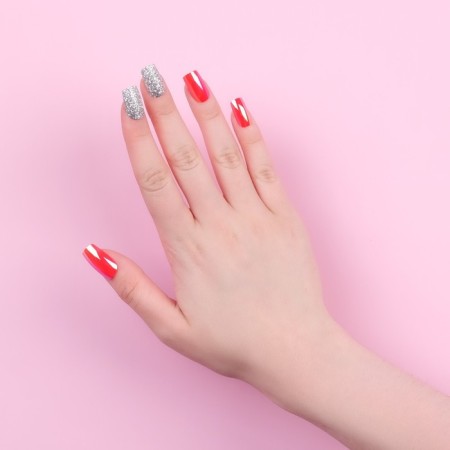 Overhead nails, 24 pcs, with adhesive plates, shape soft square, silver color/holography-11