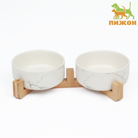 Double ceramic bowls on a stand of 2 x 450 ml 28.5 x 15.5 x 7 cm, marble-1