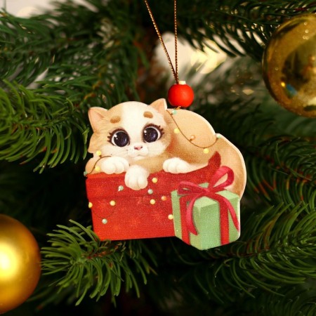 New Year's Wooden Suspension "New Year! Cat with a gift "-1