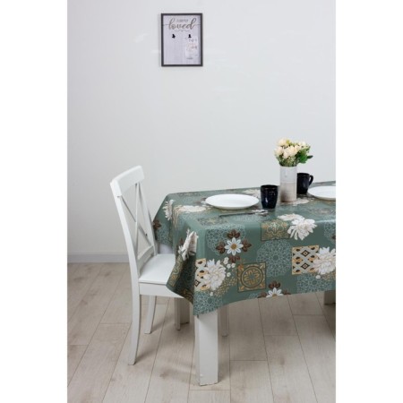Camelia oilcloth 140 cm, roll 20 m, white drawing, green peony-1