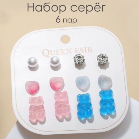 Pusets 6 pairs "Assorted" bears and hearts, the color of pink blue in silver