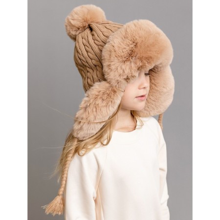 Children's knitted hat with fur, size 52, beige color-4