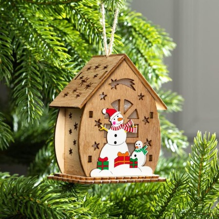 Christmas tree toy "House with snowmen", from batteries, glow of warm white-1