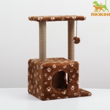 Cat house with a claw, two -story, with windows, 50x36x75 cm, brown with paws