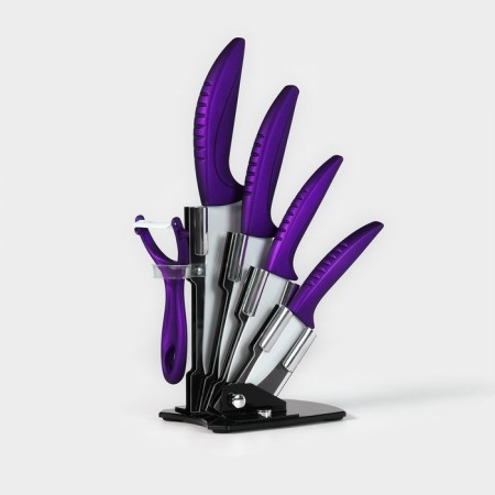 Kitchen “bend” kit, 5 objects: knives 7.5 cm, 10 cm, 13 cm, 15 cm, vegetable cleaning, on the stand, purple color-1