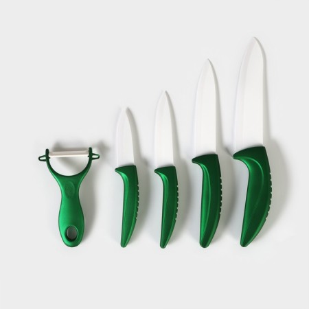 Kitchen kit on the stand “bend”, 5 objects: 4 knife, 7.5 cm, 10 cm, 13 cm, 15 cm, vegetable cleaning, green color-2
