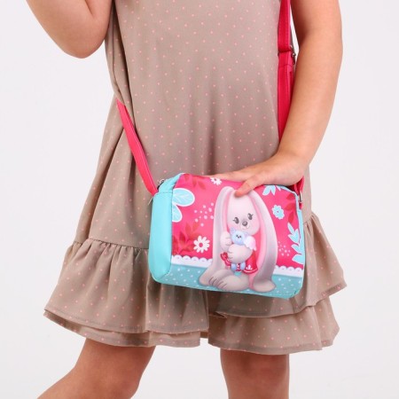 Children's bag for a girl "Rabbit with a toy" from eco-leather, on a strap, 15x12x3 cm