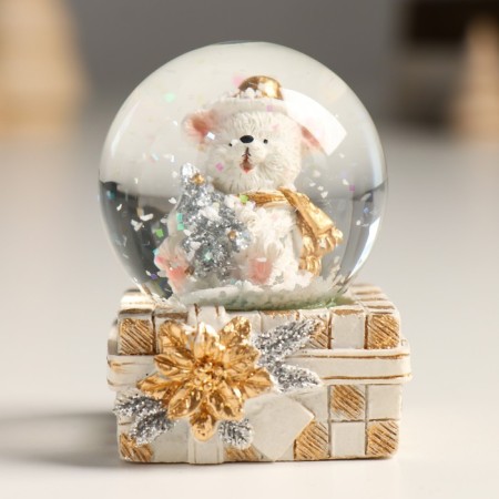 Souvenir Polystone Water Ball "White Misha with a Christmas tree in a gift" Gold/silver 4.5x4x6.5 cm-4