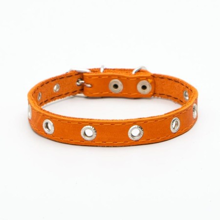 Single-layer leather collar with corrugated eyelets, dimensionless, 40 x 1.5 cm, Osh 27-35 cm, red 70-1