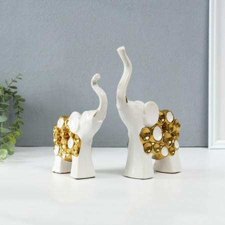 Souvenir Ceramics "Two Elephants - Bubbles" White with gold set 2 pcs 4x17x18 5x16.5x22 cm-2
