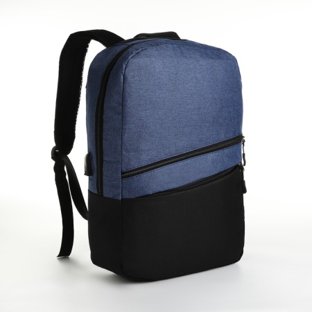 City backpack with USB from textiles with lightning, 2 pockets, black/blue color-2