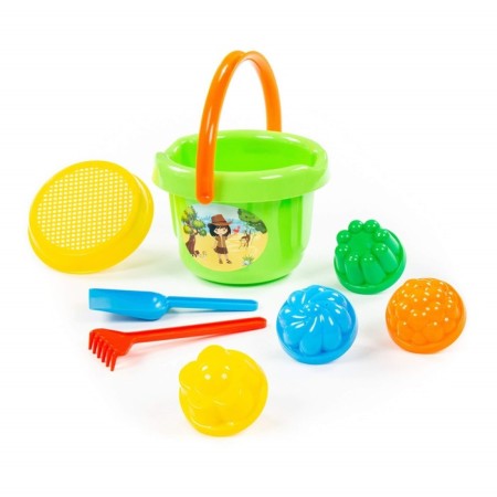 Set for playing in sand No. 10: Big bucket, strainer, spatula, robberies, 4 molds-2