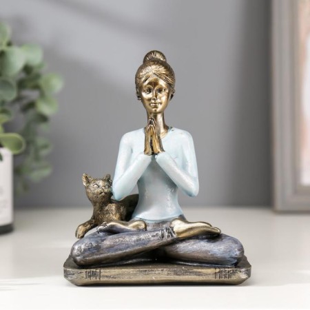 Polystone souvenir "Girl in the Lotus pose, with the cat" Blue 14x11x7.8 cm