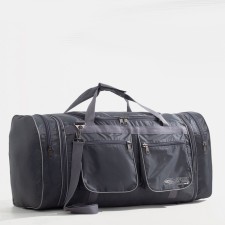 Road bag on a zipper, with an increase, 4 outer pockets, a long belt, the color is gray