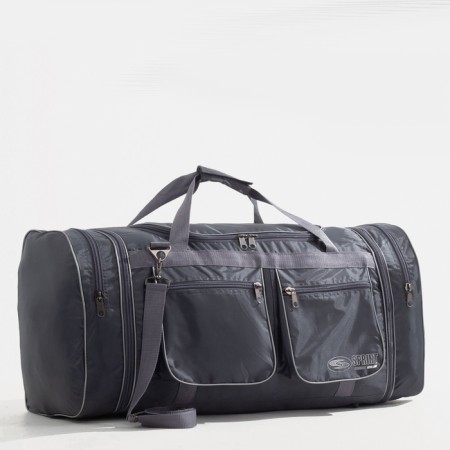 Road bag on a zipper, with an increase, 4 outer pockets, a long belt, the color is gray