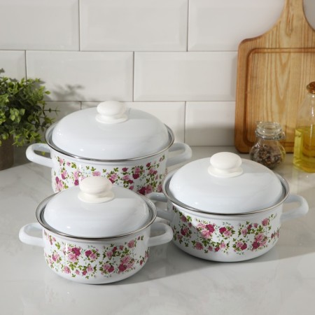 Set of pan “Chinese rose”, 3 subjects: 1.5 l, 2 l, 3 l, enameled covers, induction