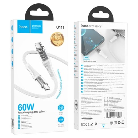 Cable Hoco U111, Type-C-Type-C, 3 A, 1.2 m, transparent, charging, data transfer, gray-3