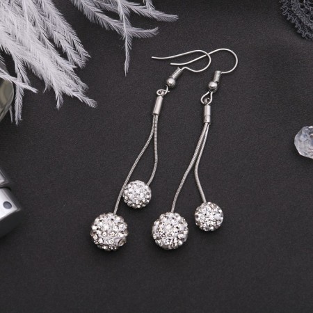 Hanging earrings with “Shambhala” rhinestones, white color in silver, 6.5 cm-1