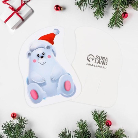 Postcard for the candy "Happy New Year" White Bear, 5 x 8 cm, New Year