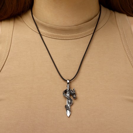 Unisex “Dragon” pendant with a sword, color black silver on a black lace, 44 cm-3