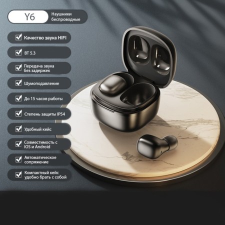 Wireless headphones Y6, TWS, vacuum, BT 5.3, 30/200 mAh, Type-C, suspension, black