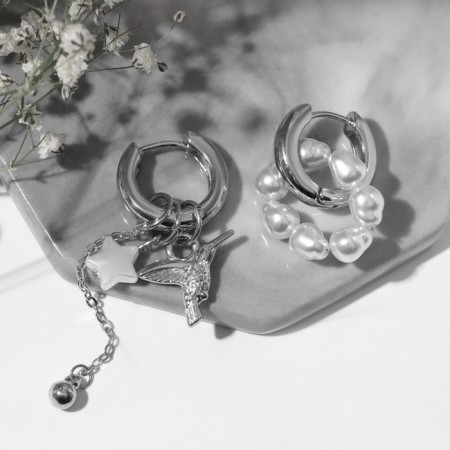 Earrings with the removable element "Transformer" bird, white color in silver-1