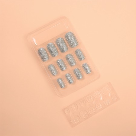 Lighting nails "Shine", 12 pcs, with sparkles, with adhesive plates, shape soft square, silver-3