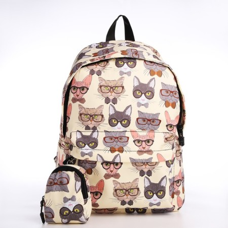 School backpack of textiles with a zipper, 4 pockets, wallet, beige color-4