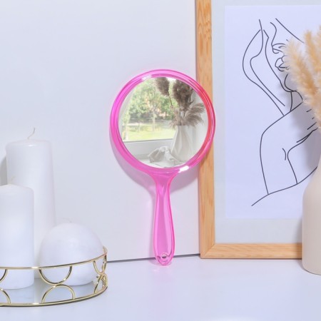 A mirror with a handle, bilateral, with an increase, D mirror surface 12.5 cm, pink color-3