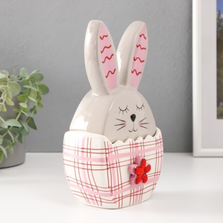 Coramics box "Bunny in an egg in a cell, with a flower" gray-red 11.8x7.2x20.8 cm-3