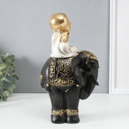 Polystone souvenir "Little cheerful Buddha on the Black Elephant" 14x14x26 cm-3