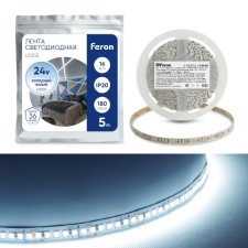 Светодиодная лента Feron 5 м, IP20, SMD2835, 180 LED/м, 16 Вт/м, 24 В, свечение холодное белое