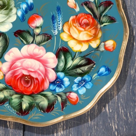 Zhostovsky tray "flowers", lilac, with copyright painting, d = 17 cm-1