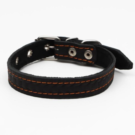 Leather collar with embossing on synthetic winterizer, 46 x 2 cm, Osh 25-35 cm, black