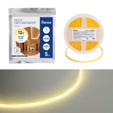 Светодиодная лента Feron 5 м, IP20, COB, 400 LED/м, 7 Вт/м, 12 В, свечение тёплое белое