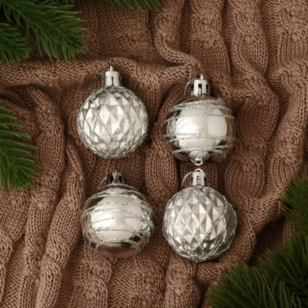 Set of balls plastic D-3.5 cm, 4 pcs "Space stripes" of the face, silver