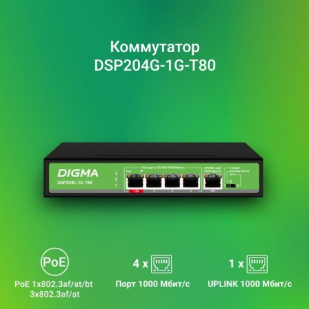 DIGMA DSP204G-T80 5X1GBIT/s 4POE 4POE+ 1POE ++ 80W Unguided-1